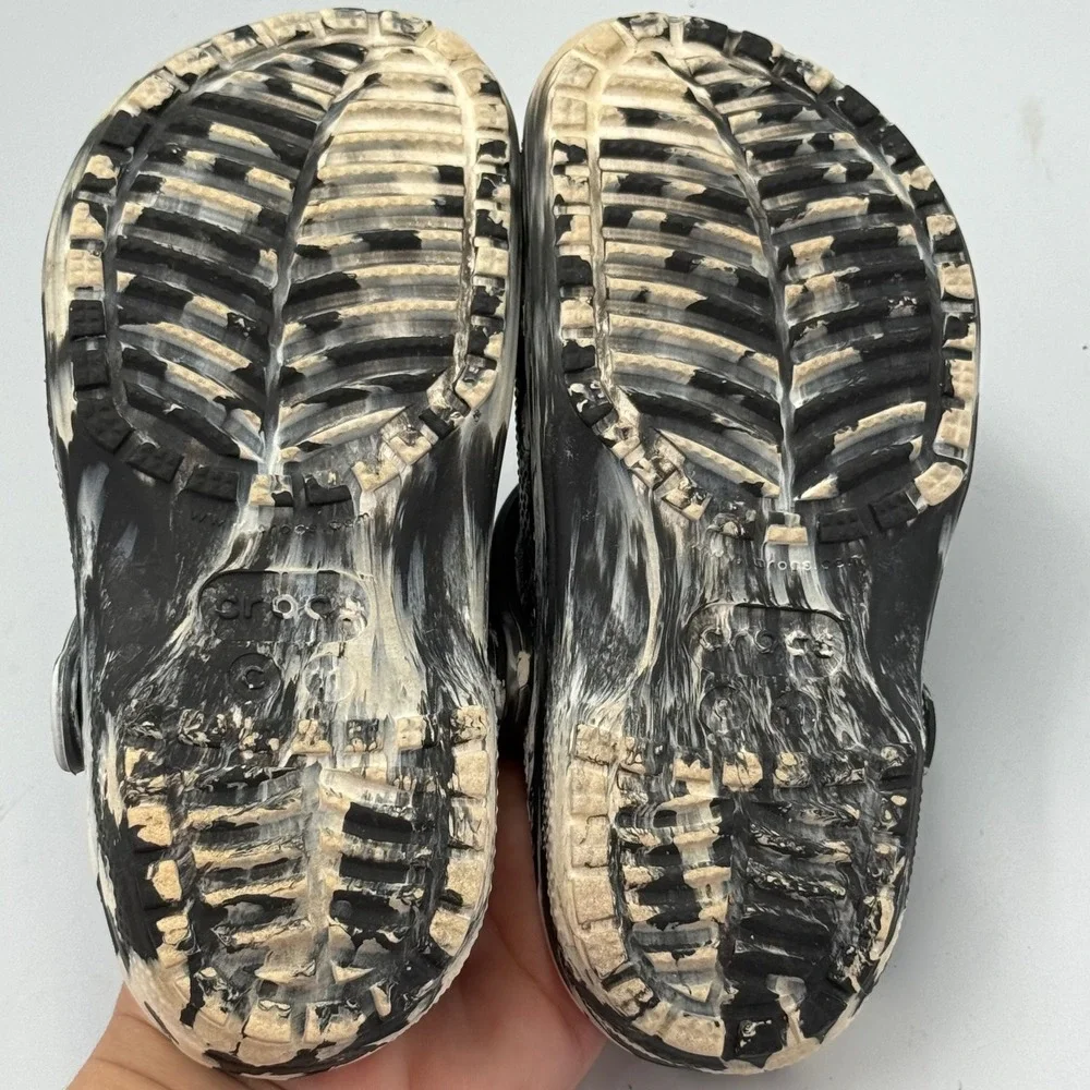 Crocs Comfort Slide Clogs‎ Toddler 11 Black & White Marbled Tropical Charms